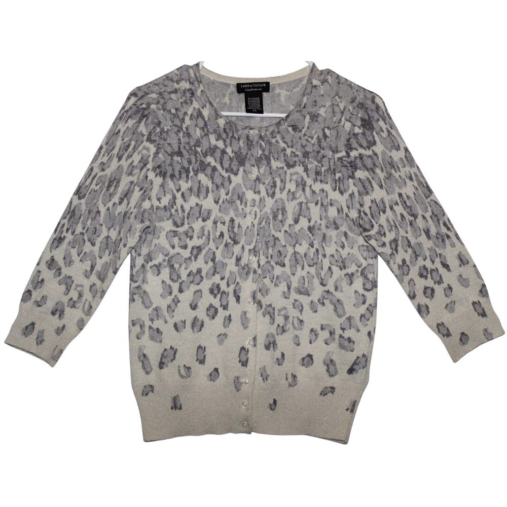 Women's Lord & Taylor Gray Silver Cream Cashmere Cheetah Cardigan Sweater Size M